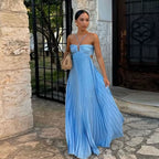Summer Halter Pleated Long Dress Women Backless Sleeveless Blue Beach Vacation Dresses Female 2025 Fashion Lady A-Line Robes
