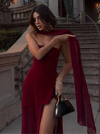Elegant Solid Pleated Maxi Dress Women Sexy Sleeveless off Shoulder High Slit Spliced Scarf Slim Fit Dresses 2025 New Party Wear