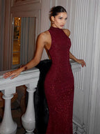 2025 New Women'S Elegant Shiny Party Bodycon Robes Sexy Slim Sequins Red Sleeveless Long Dress Fashion Solid Maxi Gown Dresses