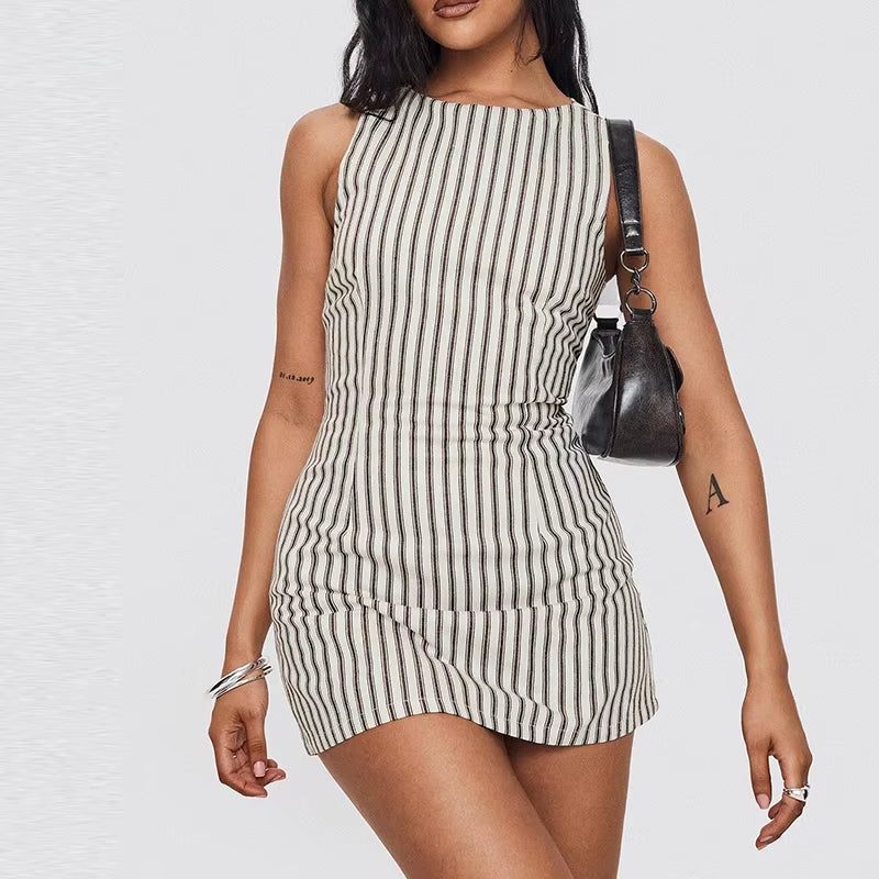 New Fashion Striped Print Slim Fit Mini Dress Women Casual round Neck Sleeveless Party Dress Elegant Lace-Up Waist A-Line Dress