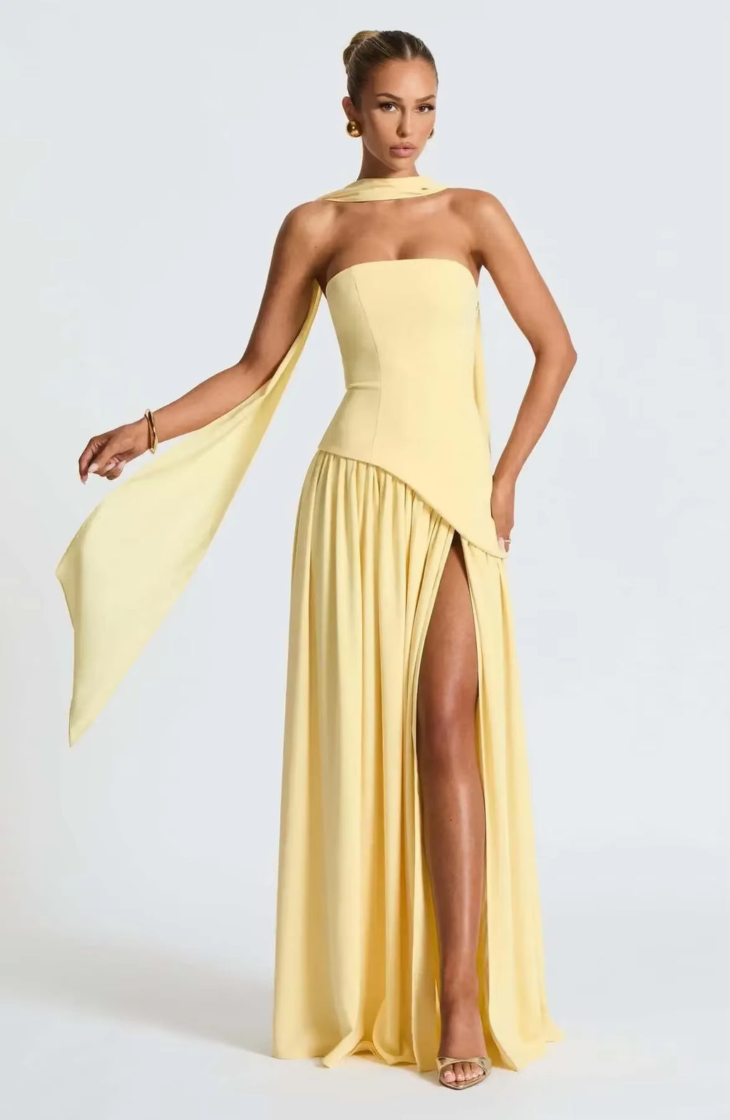 Elegant Solid Pleated Maxi Dress Women Sexy Sleeveless off Shoulder High Slit Spliced Scarf Slim Fit Dresses 2025 New Party Wear
