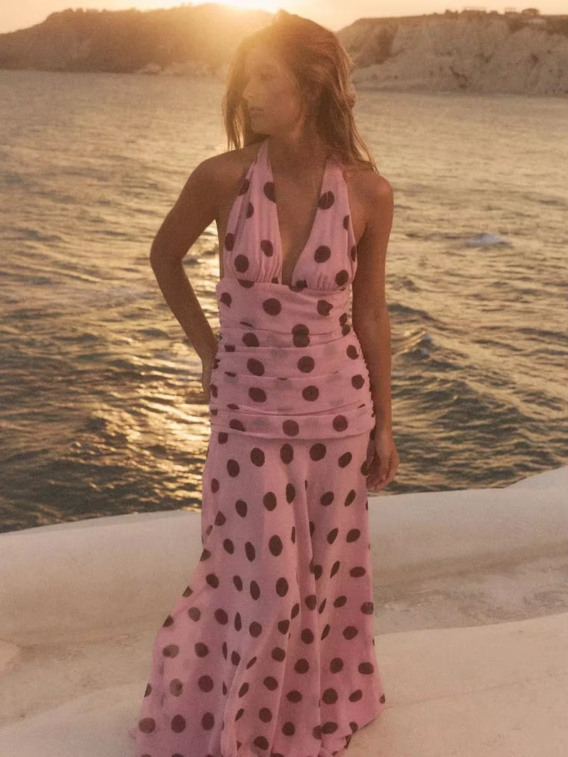 Pink Chiffon Polka Dot Printing Halter Maxi Dress Women Elegant Sleeveless Backless Skinny Pleated Robe Beach Evening Party Gown