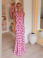 Pink Chiffon Polka Dot Printing Halter Maxi Dress Women Elegant Sleeveless Backless Skinny Pleated Robe Beach Evening Party Gown