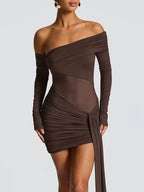 Off-Shoulder Long Sleeve Sexy Mini Dress Women Fashion See through Strapless Backless Draped Ruched Club Party Dresses