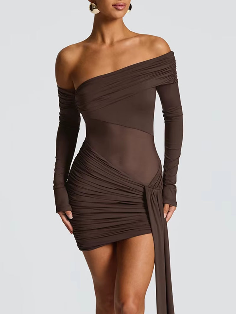 Off-Shoulder Long Sleeve Sexy Mini Dress Women Fashion See through Strapless Backless Draped Ruched Club Party Dresses