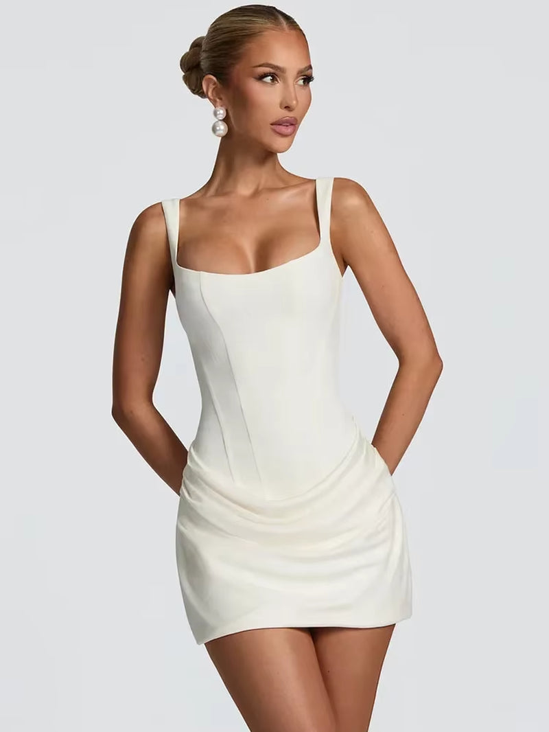 Backless Ruched Sexy Mini Dress Women Elegant Tapered Straps Square Collar Sleeveless High Waist Club Party Dress