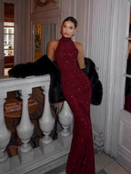 2025 New Women'S Elegant Shiny Party Bodycon Robes Sexy Slim Sequins Red Sleeveless Long Dress Fashion Solid Maxi Gown Dresses